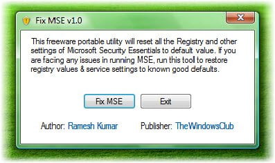 Fix MSE ユーティリティを使用して Microsoft Security Essentials を修復する