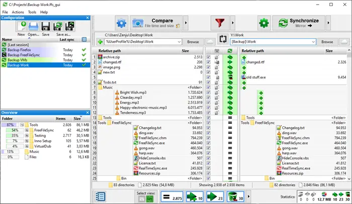 FreeFileSync を使用してファイルとフォルダーを比較および同期する