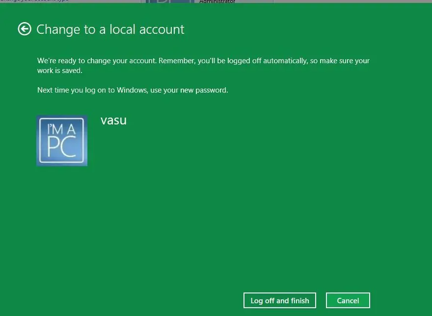 Windows 8.1 の Microsoft アカウントからローカル アカウントに切り替える