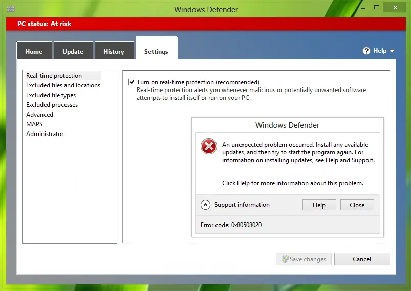 Windows Defender エラー コード 0x80508020 または 0x800705b4