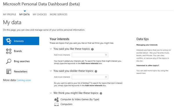 microsoft personal data dashboard