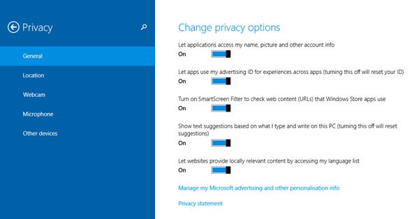 Privacy Options in Windows 8.1