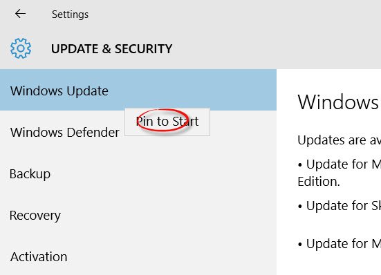 Windows 10 のスタート、Windows Update、その他の設定にピン留めする