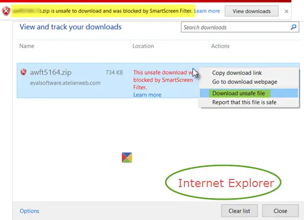 Windows 10 の Internet Explorer で SmartScreen フィルターをバイパスしてファイルをダウンロードする方法
