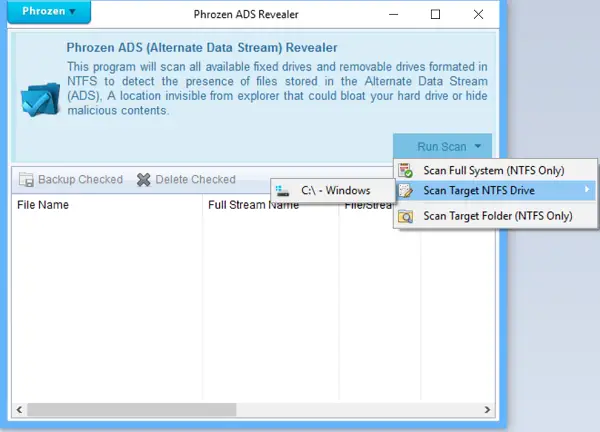 Phrozen ADS Revealer は、Windows コンピューター用の代替データ ストリーム検出ツールです