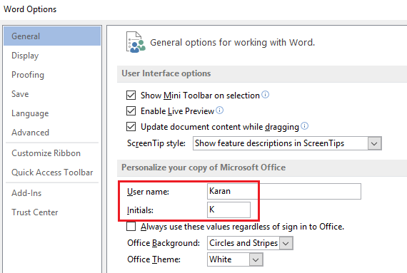 Change your Username on Word