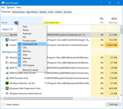 Display Command Line in Task Manager