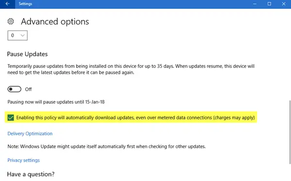 従量制課金接続経由で Windows Update を自動的にダウンロードできるようにする