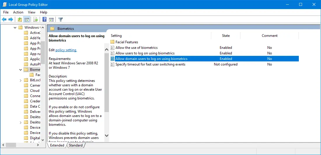 ドメインに参加している Windows での生体認証サインインを無効または有効にする
