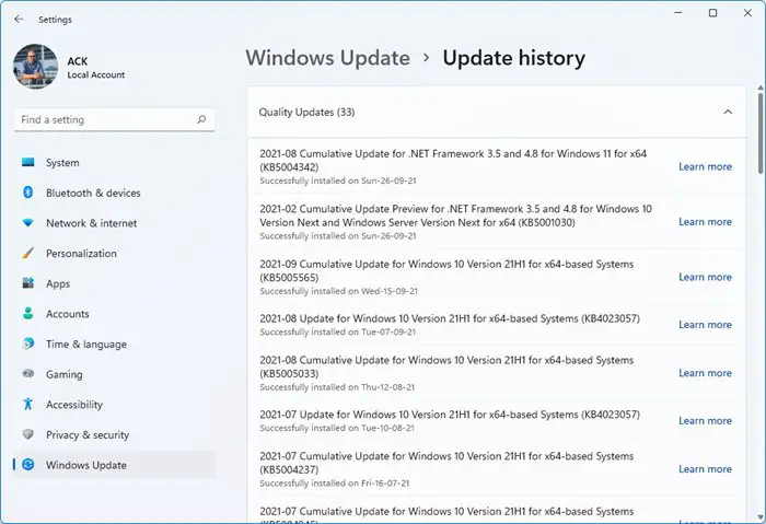 Windows 11/10 で Windows Update 履歴を確認する場所