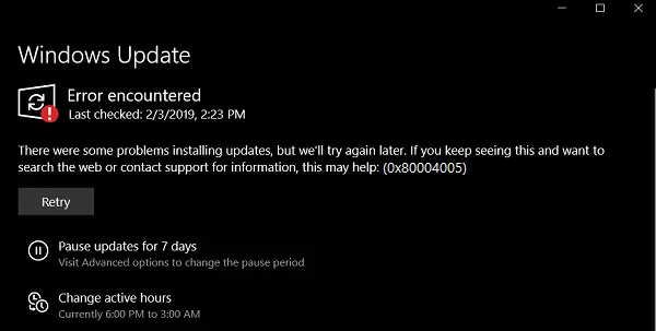 Windows 11/10でのWindows Updateエラー0x80004005を修正する