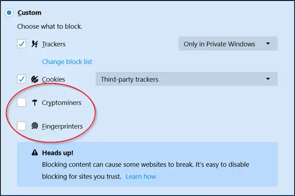 Firefox で暗号通貨マイナーやフィンガープリントに対する保護を有効にする