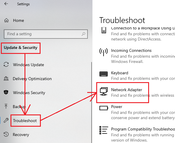 Run the Network Adapter troubleshooter