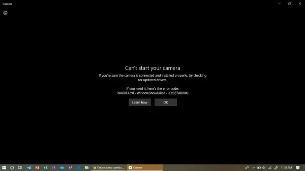 Windows がカメラを起動できません。エラー 0xA00F429F (0x887A0004)