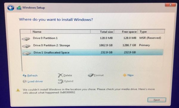 エラー 0x80300002、選択した場所に Windows をインストールできませんでした