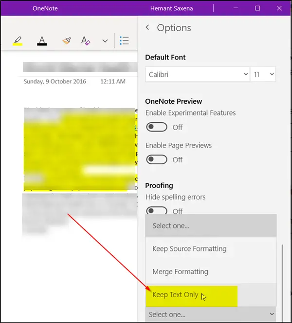 OneNote で書式なしのプレーン テキストを貼り付けるようにする