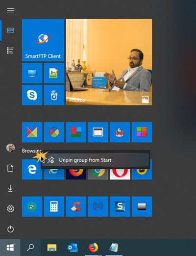 Windows 10のスタートメニューからタイルまたはフォルダーのグループの固定を解除する方法
