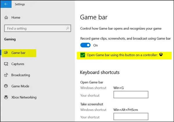 Enable Open Xbox Game Bar using Game Controller