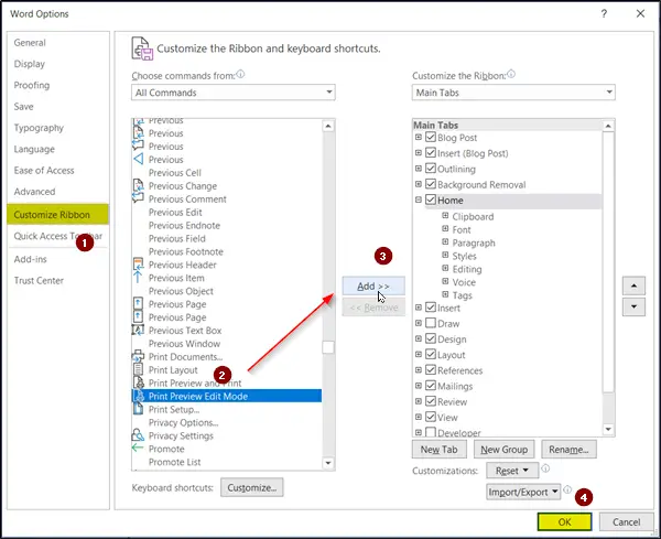 Word で印刷プレビュー編集モードを有効にする方法