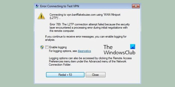 VPN エラー 789、Windows 11/10 で L2TP 接続の試行が失敗しました