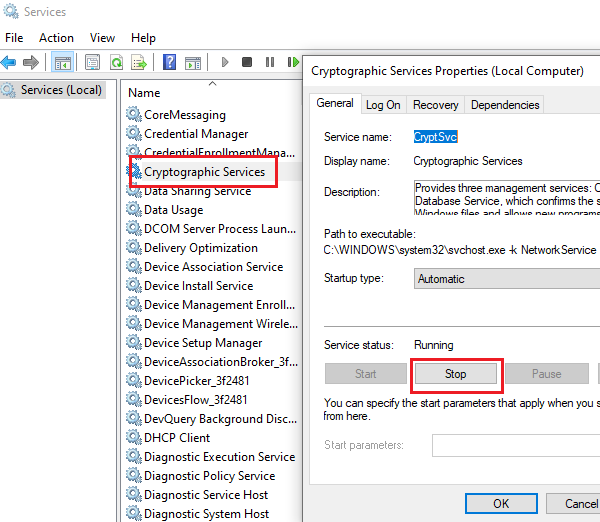 Stop Cryptographic services