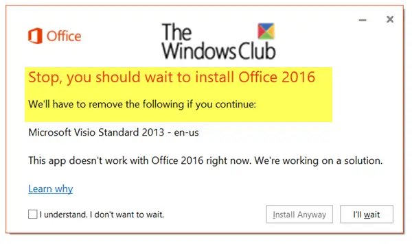 Windows 10 に Office 2016 をインストールするまで待つ必要がありますエラー