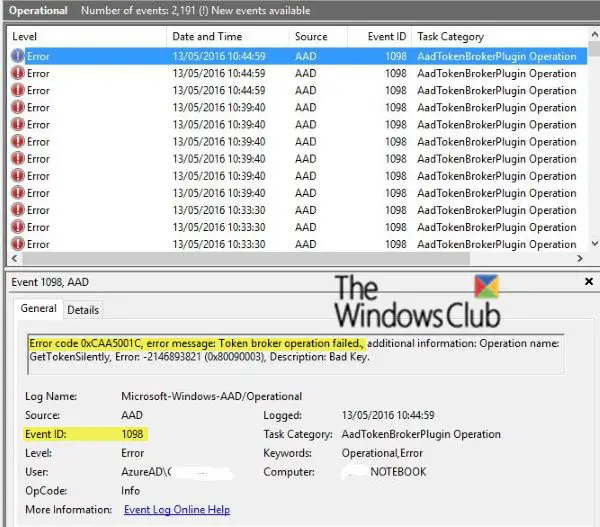 イベント ID 1098: エラー 0xCAA5001C、Windows 11/10 でトークン ブローカーの操作が失敗しました