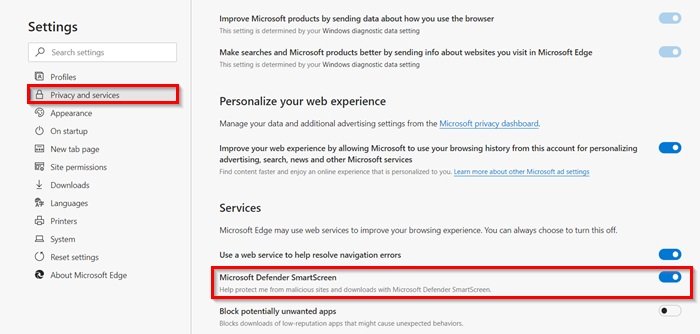 Privacy and Security Settings in Edge browser