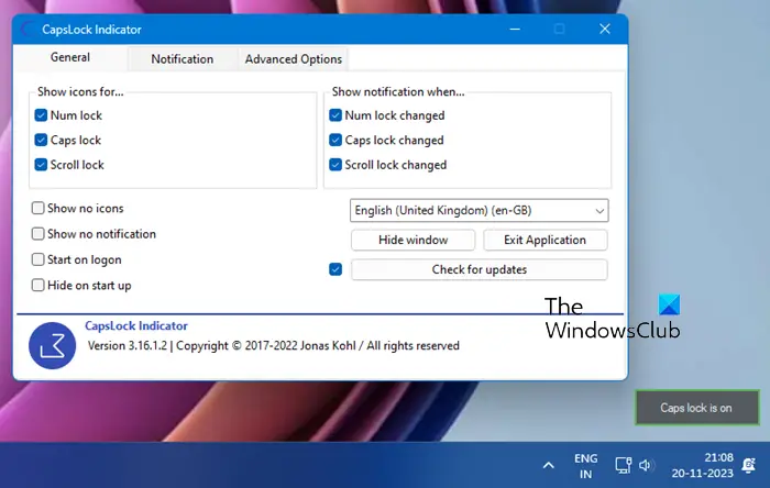 Windows のタスクバーまたは画面に Scroll、Num、Caps Lock などのキー インジケーターを追加します