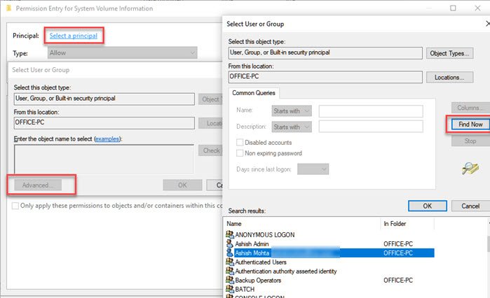 Permission Entry for System Volume Information