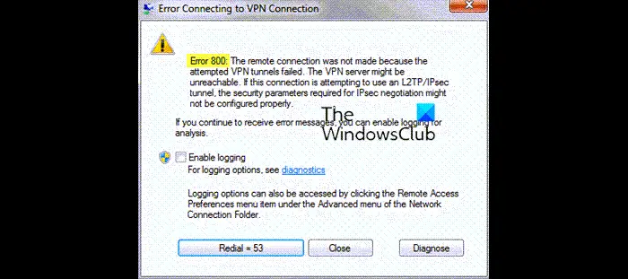 VPN エラー 800 を修正、試行した VPN トンネルが失敗したためリモート接続が確立されませんでした