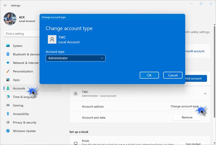 Windows 11/10で標準ユーザーを管理者アカウントに変更する方法、またはその逆の方法