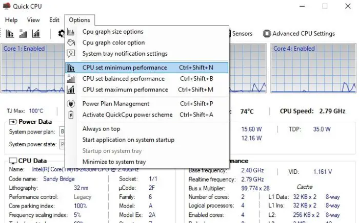 Quick CPU により、CPU パフォーマンスと消費電力を監視および最適化できます。