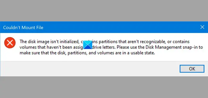 Windows 11でファイルをマウントできませんでした、ディスクイメージが初期化されていませんというエラーが発生しました
