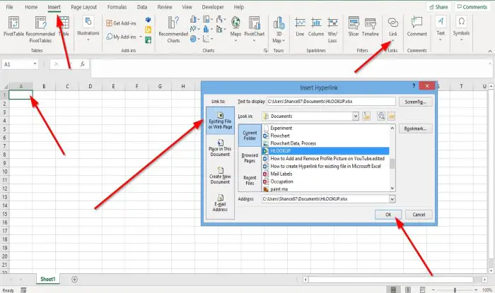 Excel で既存のファイルにハイパーリンクを作成する方法