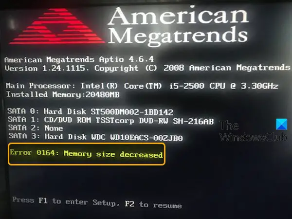 エラー 0164、メモリ サイズの減少