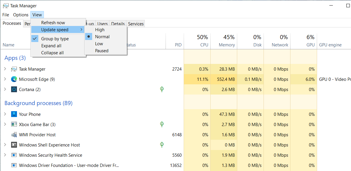 Windows 10でタスクマネージャーのデータ更新速度を変更する方法