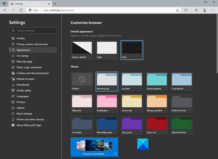 Microsoft Edge ブラウザーのテーマ、背景、外観を変更する方法