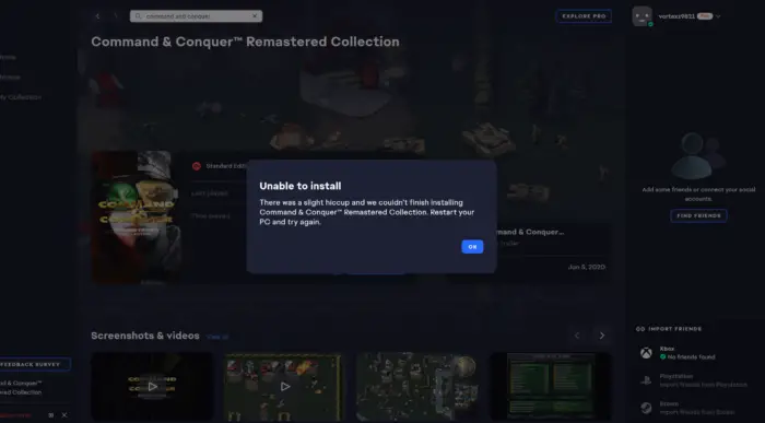 There was a slight hiccup and we couldn't finish installing error in EA app