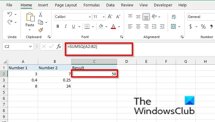 ExcelでSUMSQ関数を使用する方法