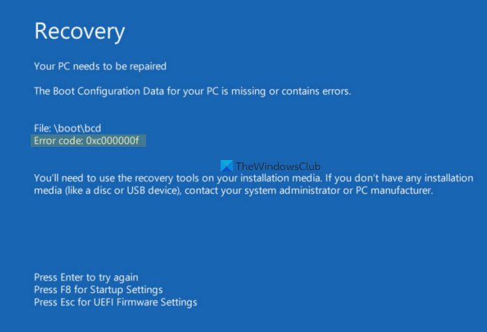 Windows 11/10 での 0xc000000F、ブート構成データ エラーを修正