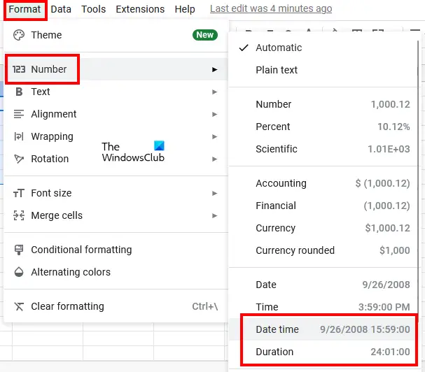 Format cells by Date Time and Duration Google Sheets