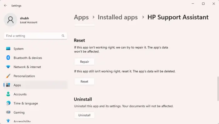 repair reset hp update assistant