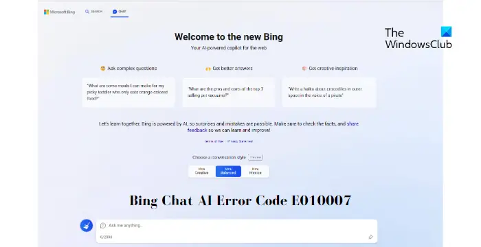 Bing チャットが機能しない: エラー E010007、E010014、E010006