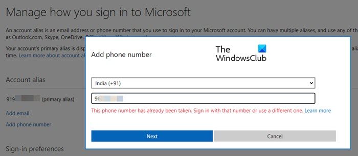 Error This phone number has already been taken. Sign in with that number or use a different one.