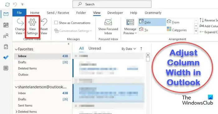 Outlook で列の幅を調整する方法