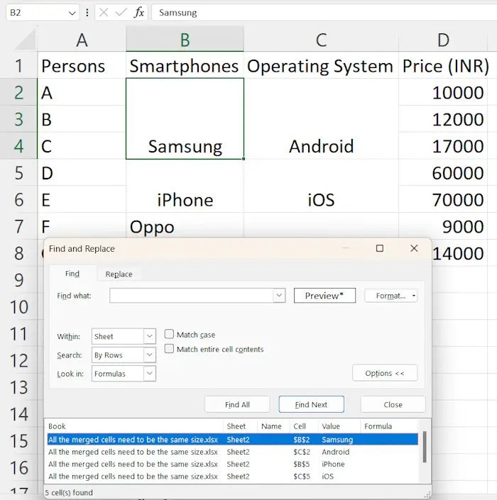 highlight merged cells in Excel