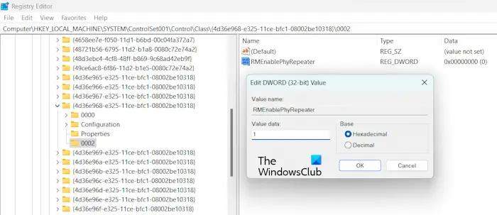 Modify RMEnablePhyRepeater value