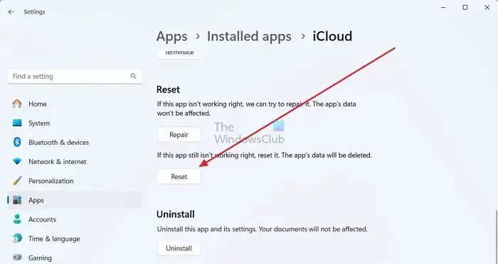 Reset iCloud App Windows