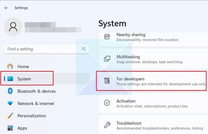 Choose For Developers From Windows Settings